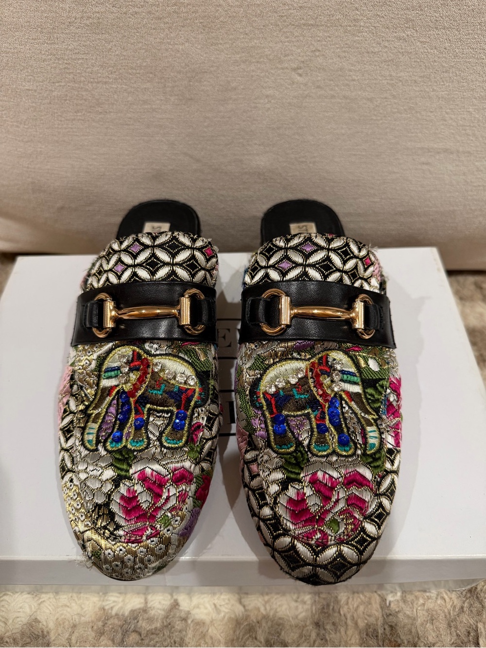 Steve Madden Kandi Multicolor Embroidered Elephant Mules with Gold Bit